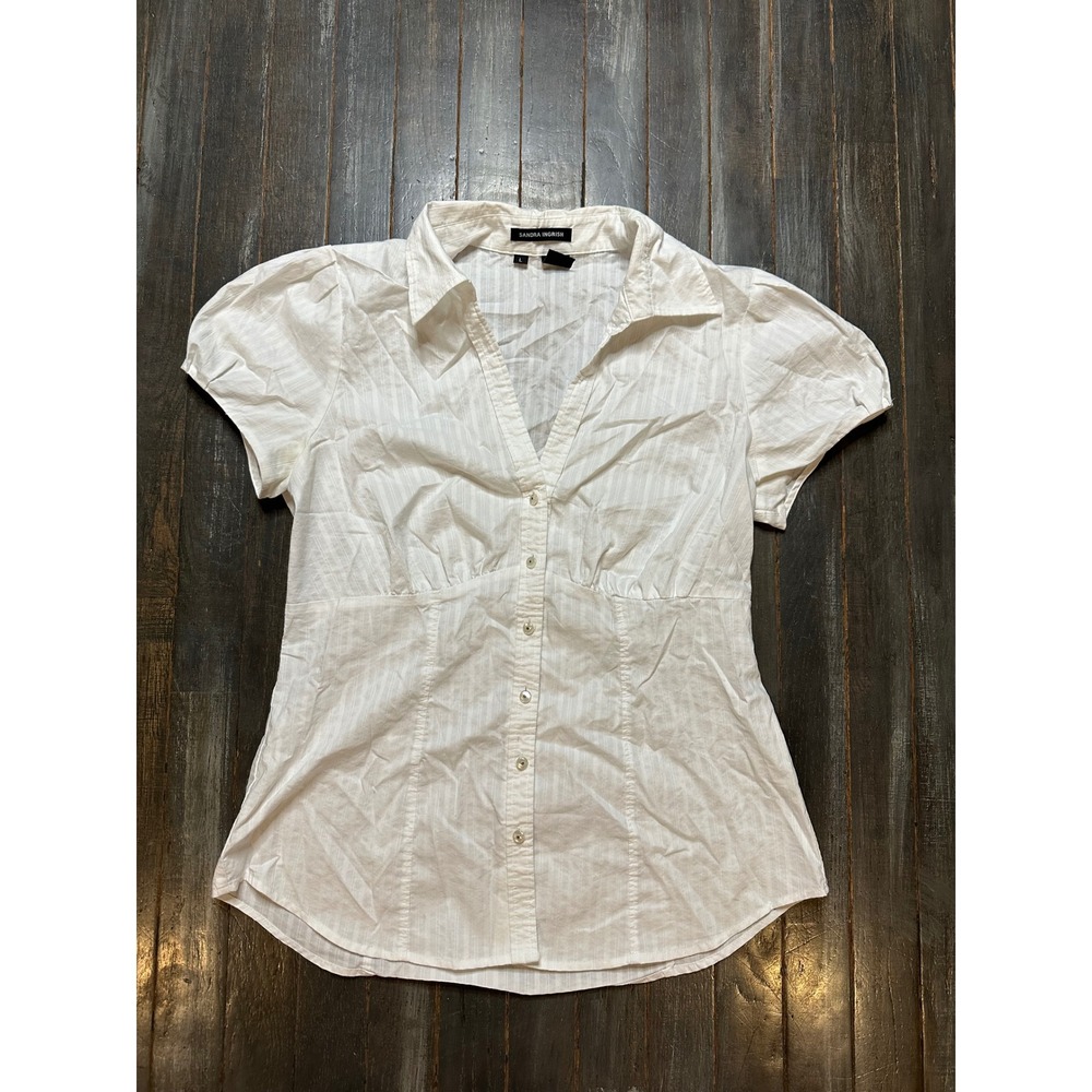 Sandra Ingrish White Striped Puff Sleeve Button Down Blouse Top